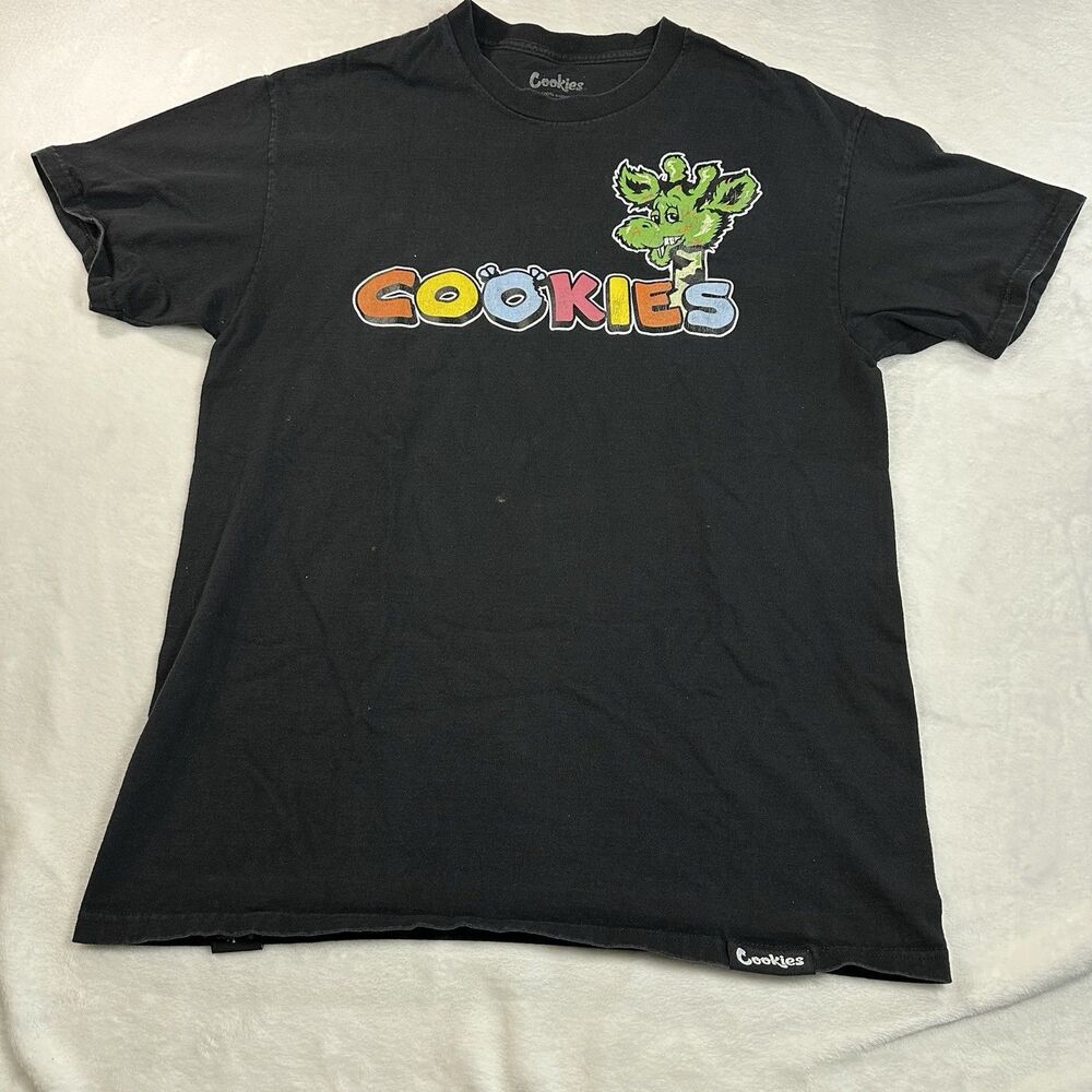 Cookies Graphic T Shirt Mens Large Black Colorful Logo Green Mascot Cotton Tee